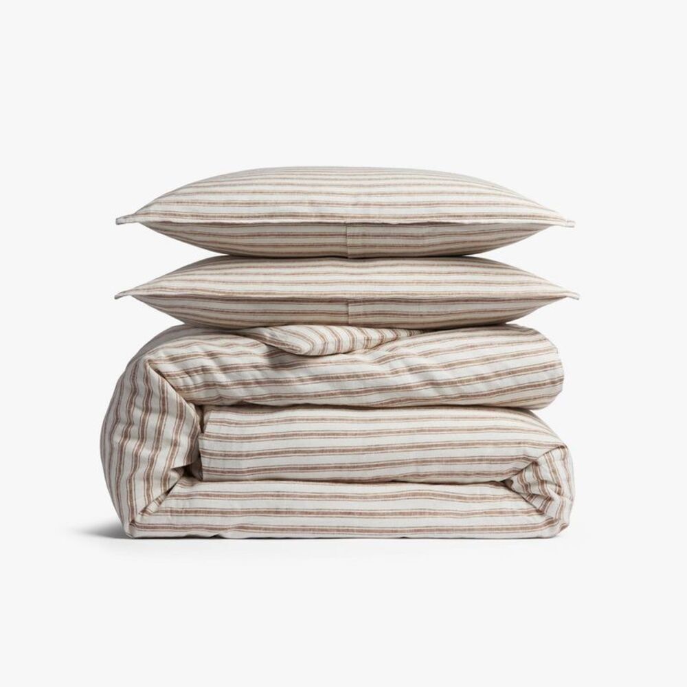Full/Queen Relaxed Linen Stripe Duvet Cover & Sham Set Pecan & Parchment -